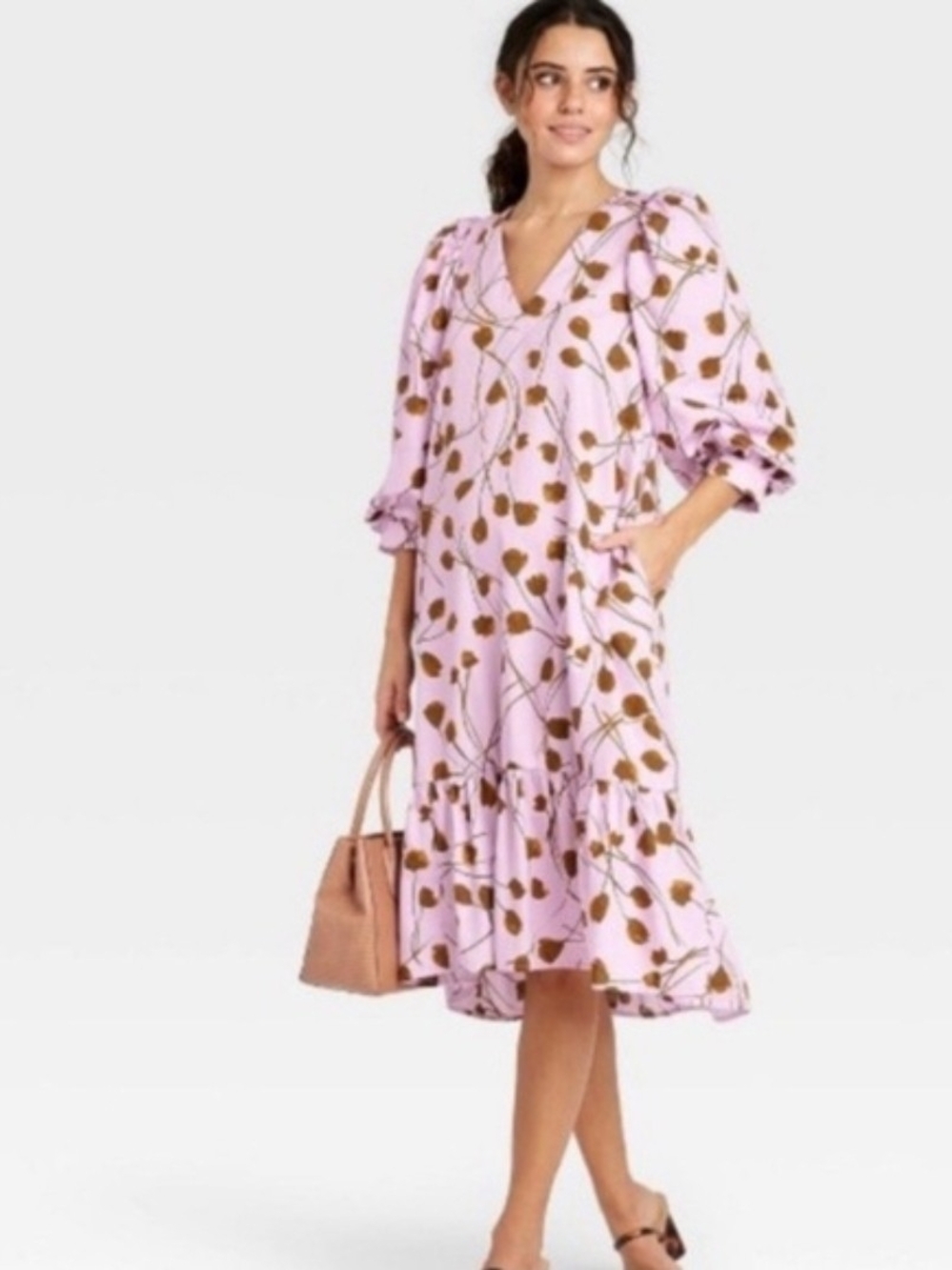 a new day Pink Floral V-Neck Puff Sleeve Midi Dress - Size XL